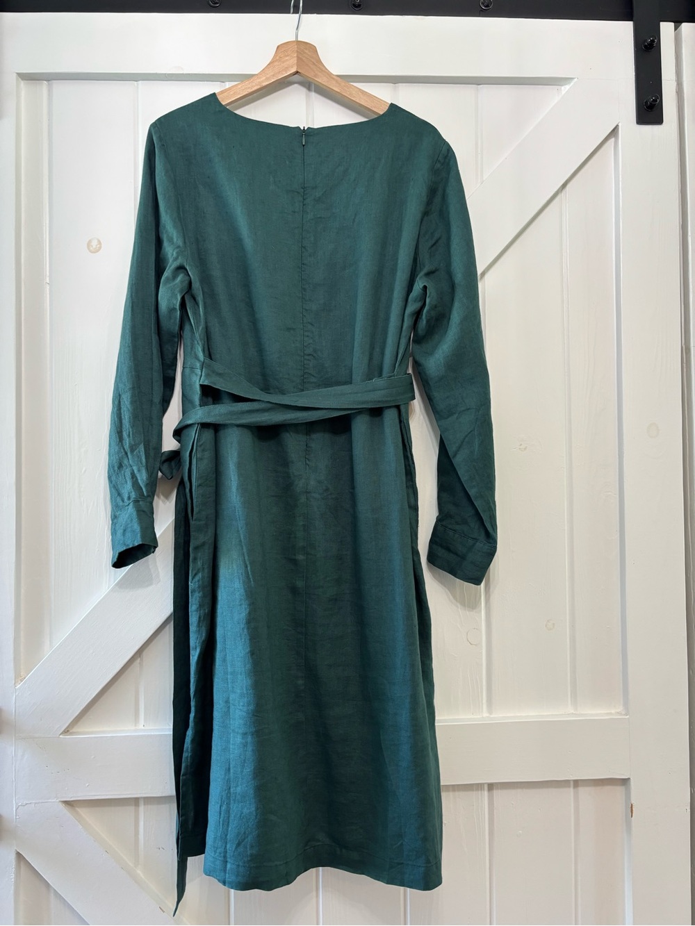 Grae Cove Linen Midi Dress Teal Green Tie-Waist Long Sleeve Dress Pockets L - Picture 3 of 9